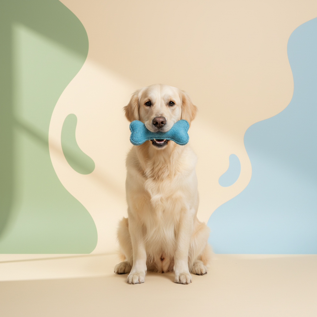 A dog sitting calmly holding a dog toy, clean modern pet brand photography, warm cream background with soft sage and sky-blue accents, soft natural daylight, even lighting, gentle shadows, friendly and wholesome mood, e-commerce ready composition, no clutter, no busy background, no distortion, no harsh shadows, no text, no watermark, no logo, high resolution, 4k, centred composition, e-commerce ready, professional photography, image size 1024 × 1024 px