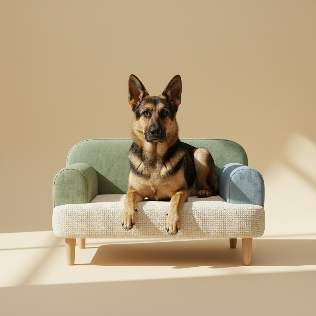A German shepherd sitting comfortably on a stylish dog sofa, clean modern pet brand photography, warm cream background with soft sage and sky-blue accents, soft natural daylight, even lighting, gentle shadows, crisp focus, premium e-commerce product image, no clutter, no busy background, no distortion, no harsh shadows, no text, no watermark, no logo, high resolution, 4k, centred composition, e-commerce ready, professional photography, image size 1024 × 1024 px