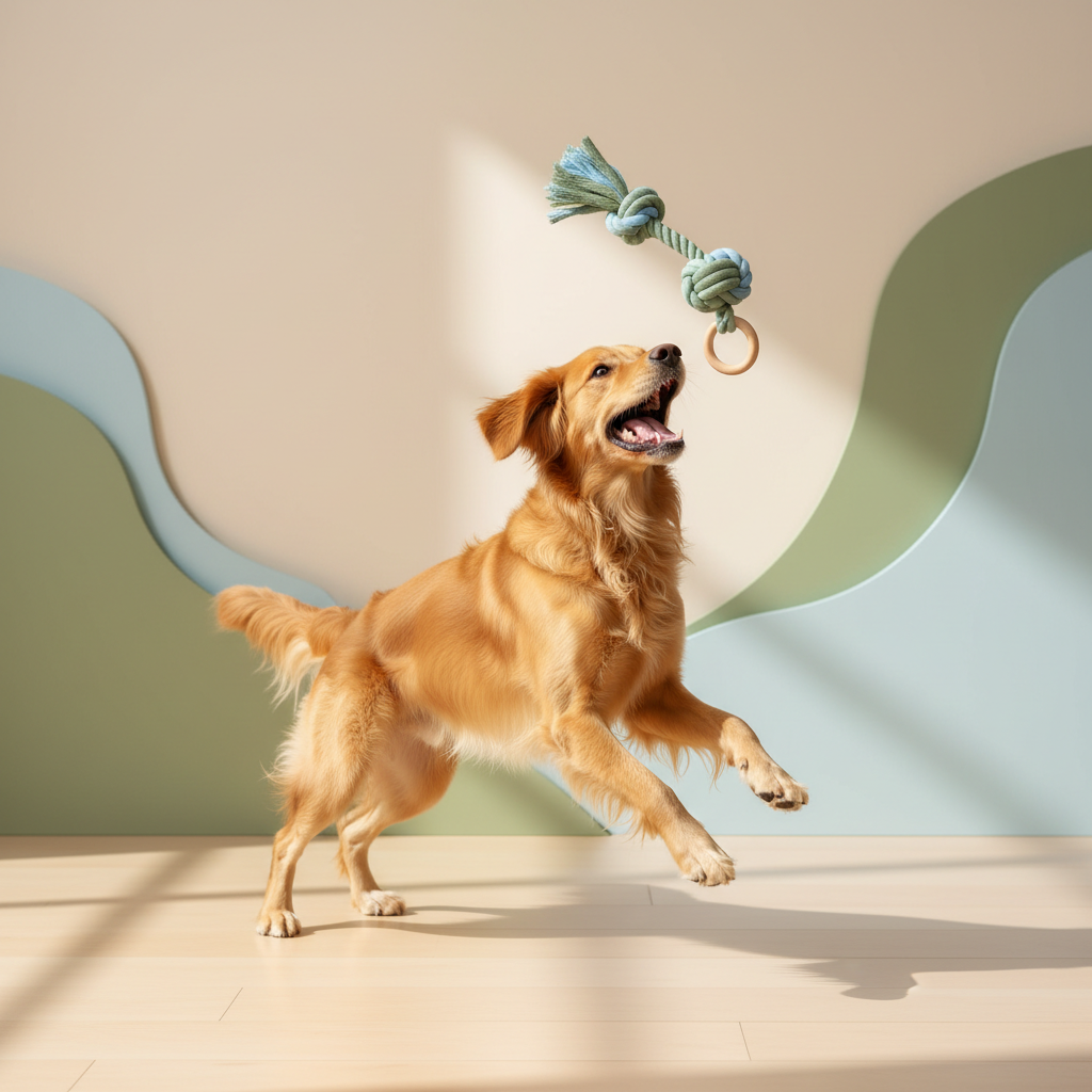 A happy playful dog interacting with a dog toy, clean modern pet brand photography, warm cream background with soft sage and sky-blue accents, soft natural daylight, even lighting, gentle shadows, joyful but controlled energy, premium colourful yet minimal aesthetic, no clutter, no busy background, no distortion, no harsh shadows, no text, no watermark, no logo, high resolution, 4k, centred composition, e-commerce ready, professional photography, image size 1024 × 1024 px
